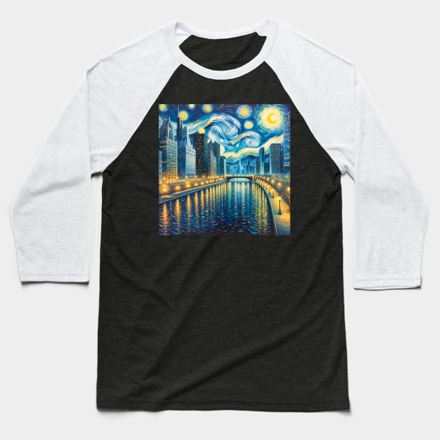 Chicago Riverwalk Starry Night - Beautiful Iconic Places Baseball T-Shirt by Edd Paint Something